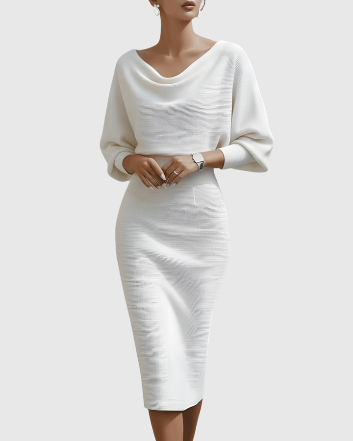 Ismeria | Robe Midi Drapée à Manches Chauve-Souris Blanche