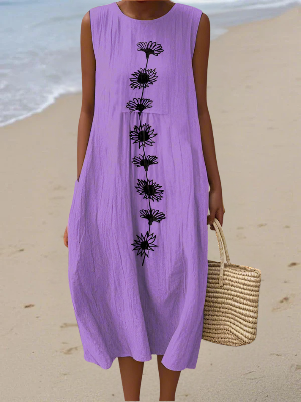 Emma | Robe mi-longue élégante et fluide à fleurs violettes délicates