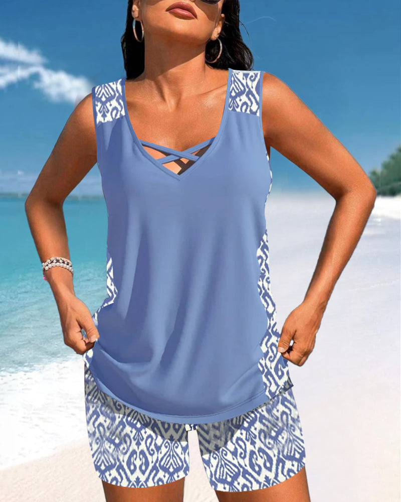 Tankinis avec motif géométrique et décolleté en V
