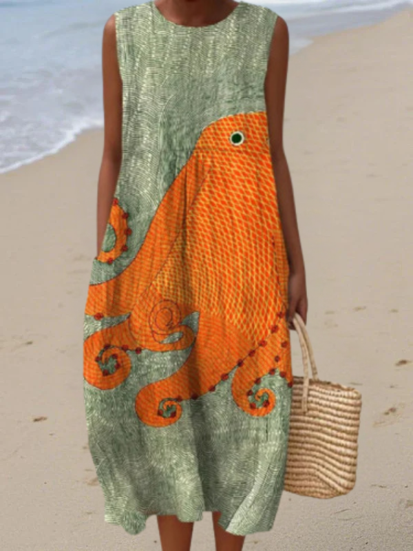 Tess | Robe mi-longue élégante et fluide aux teintes océaniques