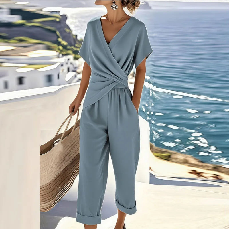 Colleen™ Ensemble Élégant en Deux Pièces | Haut à Devant Enveloppé et Pantalons Coupés