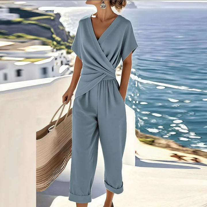 Colleen™ Ensemble Élégant en Deux Pièces | Haut à Devant Enveloppé et Pantalons Coupés