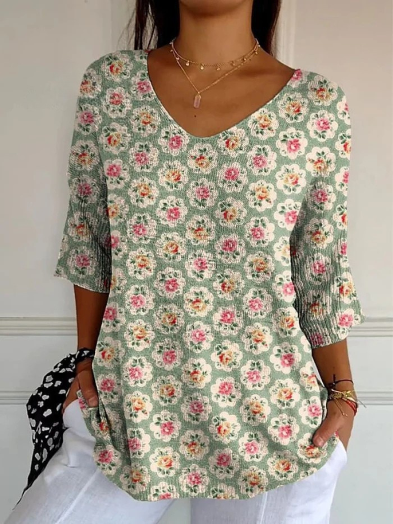 Pull décontracté en maille avec imprimé floral ethnique vintage pour femmes