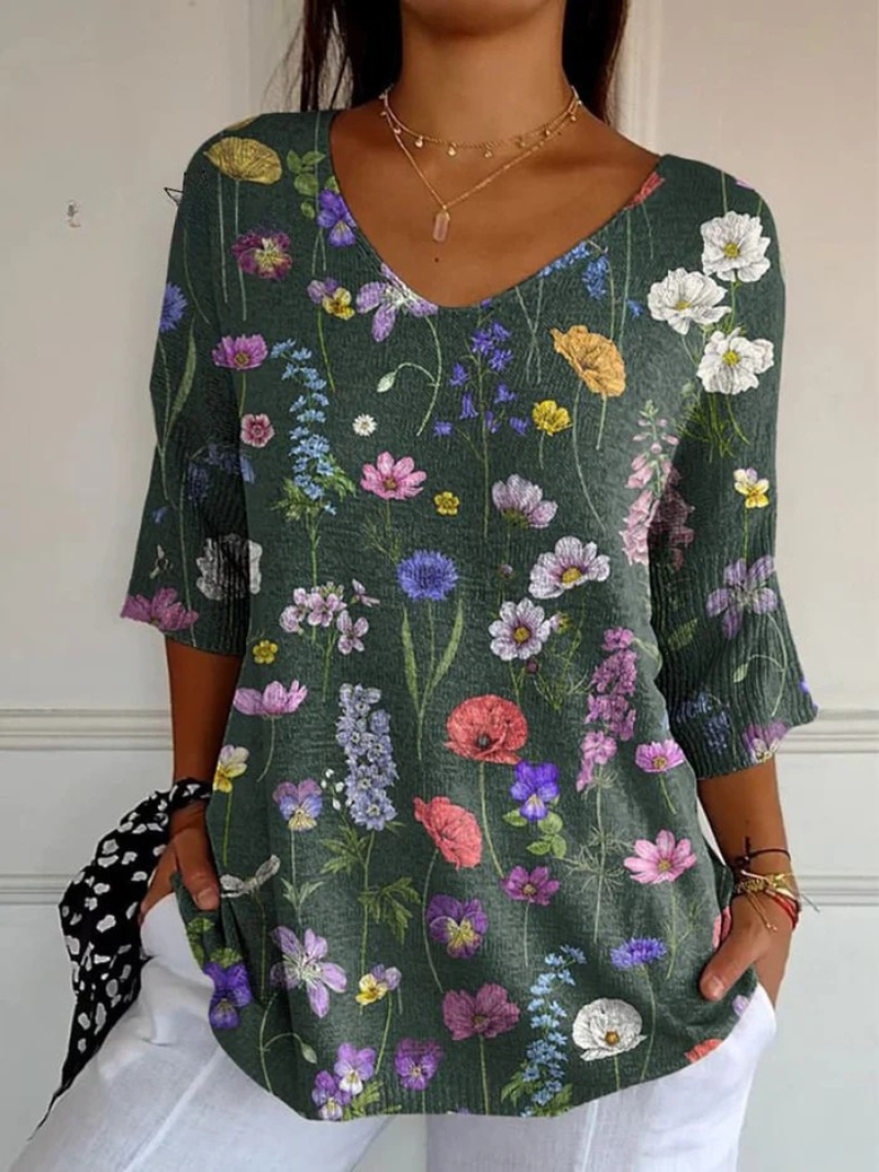 Pull en tricot décontracté à motif botanique printanier pour femmes