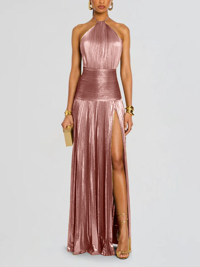 Robe Halter Plissée Métallique Tendance